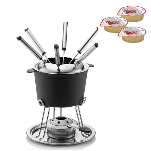 kela Fondue-Set Comore, 11-teilig, Ø 20 cm, 0,8 L, Gusseisen, Emailliert, Topf, Brenner, Rechaud, Spritzschutz, Unterteller, 6X Fonduegabeln, 16639, 6 Brennpasten Magma, je 80 g, Ethanol, 390010 von kela