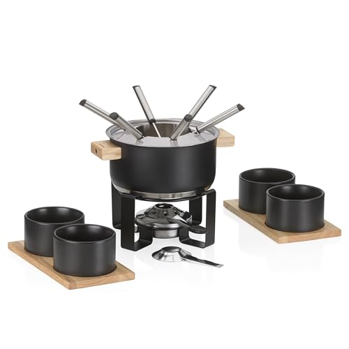 kela Fondue-Set Gunten, Ø 20 cm, 1,6 L, Edelstahl, Schwarz, Induktionsgeeigneter Topf mit Holzgriffen, mit Spritzschutzdeckel, Rechaud und Pastenbrenner, 4 Schälchen auf Holzbrett, 10068 von kela