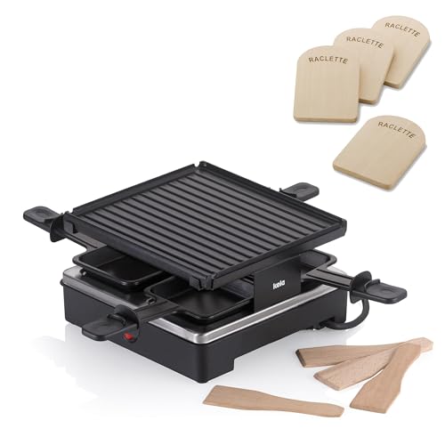 kela Raclette-Set, Raclette/Grill Geneva, Für 4 Personen, Wendbare Aluguss-Platte, 4 antihaftbeschichtete Pfännchen, 4 Spatel aus Buchenholz, 10048, 4 Raclette-Brettchen Baar, Buchenholz, 77937 von kela