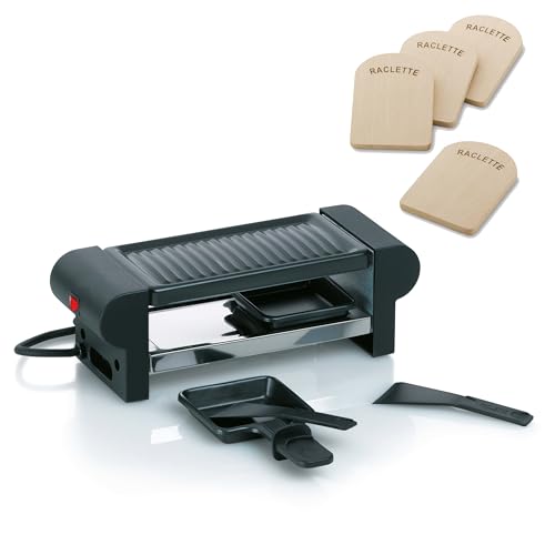 kela Raclette-Set, Raclette mit Grillplatte, Stahl antihaftbeschichtet, Für 2 Personen, 350 W, 230 V, Bernina, 66490 und Raclette-Brettchen Baar, 4-teilig, Buchenholz, hellbraun, 77937 von kela