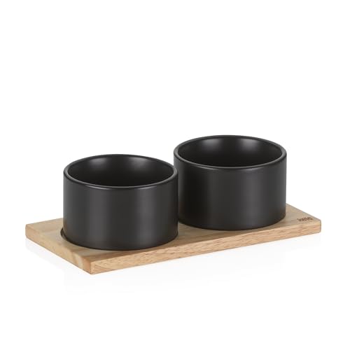 kela Schalen-Set Gunten, 3-teilig, 2x Porzellan-Schälchen in schwarz mit Ø 10 cm, 1x Holzbrett 23,5 cm x 12 cm, 10069 von kela