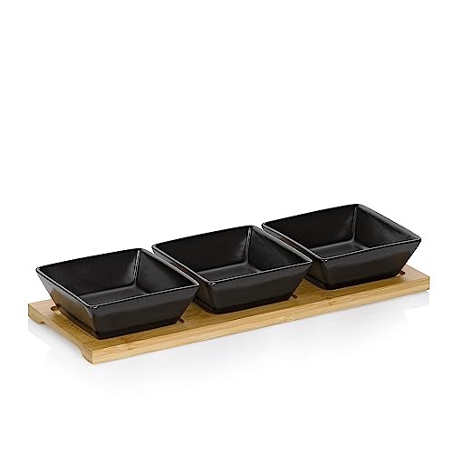 kela Schalen-Set Philipa, 4-teilig, Porzellan, schwarz, Grundplatte aus Bambus, eckig, 12262 von kela