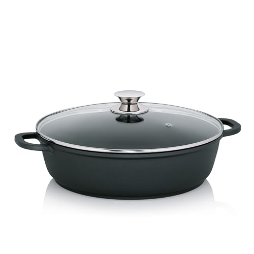 kela Aluguss Schmorpfanne 32 cm hoher Rand KERROS, Induktion Servierpfanne beschichtet mit Deckel, Paella Pfanne von kela