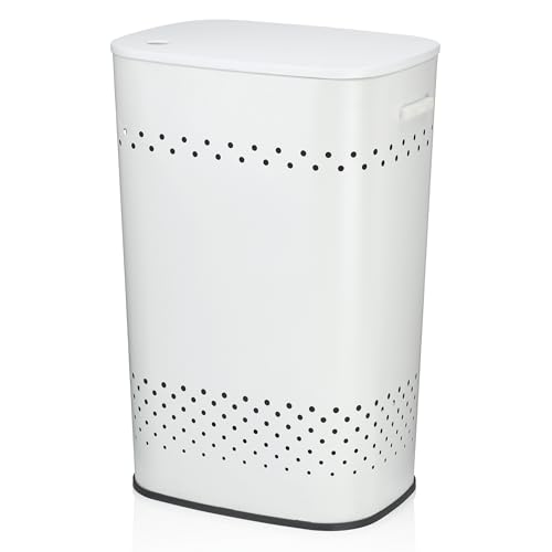 kela Sitz-Wäschebox Malaga, Metall, weiß, breite Sitzfläche, belastbar bis 240 kg, Luftlöcher für gute Luftzirkulation, 23963 von kela