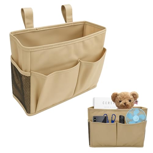 KELAV Bett Organizer zum Einhängen,5-Fach Betttasche 30x20cm Beige,Baumwoll-Leinen Hänge-Organizer für Babybett,Campingstuhl & Reise,Nachhaltiger Hängespeicher mit Klettband von kelav