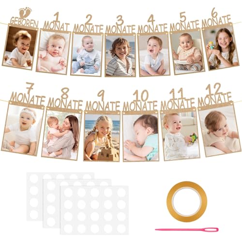 KELAV Fotogirlande Geburtstagsdeko,1 Jahr Girlande für 1 bis 12 Monate Baby,Fotobanner für Geburtstage,Meilenstein Girlande,Mädchen Jungen,Hängende Foto Wanddekoration(Braun) von kelav