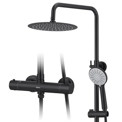 Kelleria Moderne Duschsystem mit Thermostat Schwarz, Sicherheitssperre bei 38°C, Brausebatterie, Duscharmatur Komplettset mit Edelstahl Duschkopf Handbrause Verstellbarer Duschstange und Armatur von kelleria