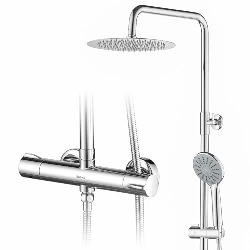 kelleria Duschsystem mit Thermostat Chrom, Sicherheitssperre bei 38°C, Brausebatterie, Duscharmatur Komplettset mit Duschkopf Handbrause Verstellbarer Duschstange und Armatur von kelleria