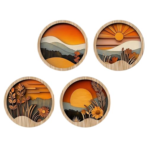 keloppasit Boho Kunst Wanddeko - Bohemian Wanddekor,4er-Set Runde Holz Wandkunst Mit Geometrischem Rustikalem Design Für Wohnung Flur Kamin Fensterbank Terrasse Balkon von keloppasit