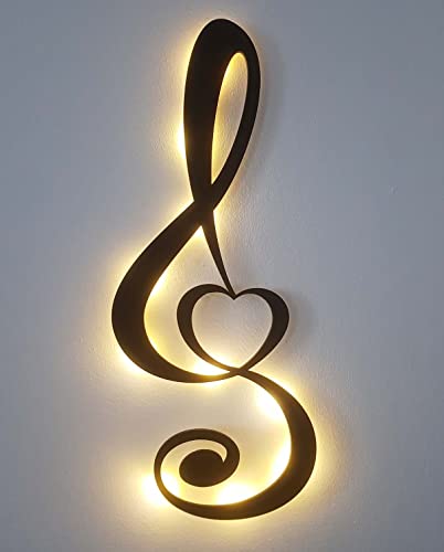 kh Teile Wand Deko Note + Herz Musik (Holz) Notenschlüssel Dekoration Wandbild Wohnzimmer Geschenk Idee Wandbeleuchtung mit Led Licht, Schwarz lackiert, 90 cm von kh Teile