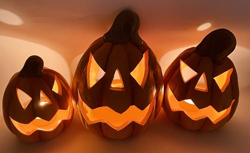 3er Set Halloween Kürbis Teelichthalter aus Terrakotta – Handbemalte Deko-Kürbisse mit Gesicht in 3 Größen – Herbst Windlichter für innen & außen, Herbstdeko 3er Set Halloween Kürbis Teelichthalter aus Terrakotta – Handbemalte Deko-Kürbisse mit Gesicht in 3 Größen – Herbst Windlichter für innen & außen, Herbstdeko von khevga