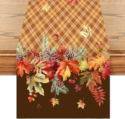 Tischläufer Herbst 140 x 40 cm – herbstliche Tischdeko mit Blättern, Zapfen und Beeren – perfekte Deko für Herbst, Esstisch, Wohnzimmer und Küche von khevga