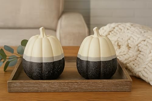 khevga Herbstdeko Kürbis 2er Set – Deko Kürbisse aus Keramik in Schwarz, Weiß & Grau – Stilvolle Tischdeko für Wohnzimmer, Fensterbank & Halloween von khevga