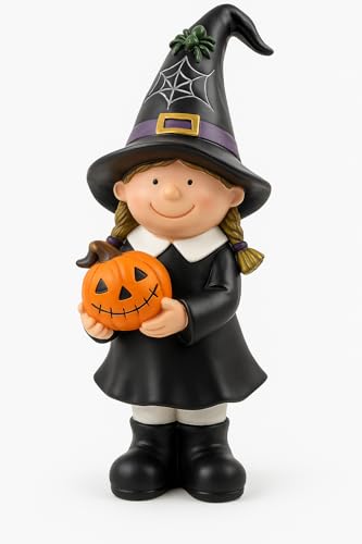 khevga Halloween Figur Hexe mit Kürbis 27 cm – Herbstdeko aus Polyresin – Dekofigur für Fensterbank, Regal oder Kommode – Halloween-Deko Innen von khevga