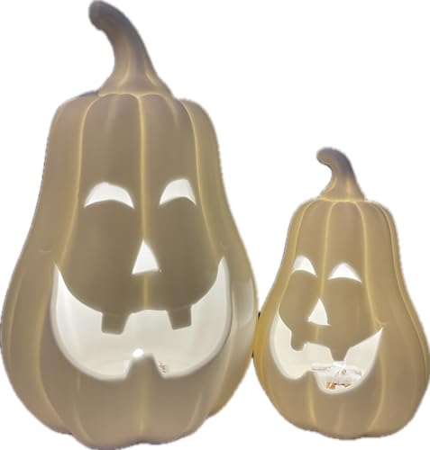 khevga LED Kürbis Herbstdekoration Halloween 2er Set in weiß 17 & 11 cm groß von khevga