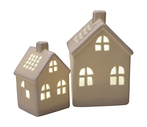 khevga Weihnachtsdekoration Haus Teelicht oder LED aus Keramik 2er Set Weiß (Mit LED) von khevga