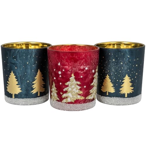 khevga Windlicht Weihnachten Winter aus Glas im Set Schwarz Weiß Gold Silber (Blau_Rot_Tanne, 3er Set) von khevga