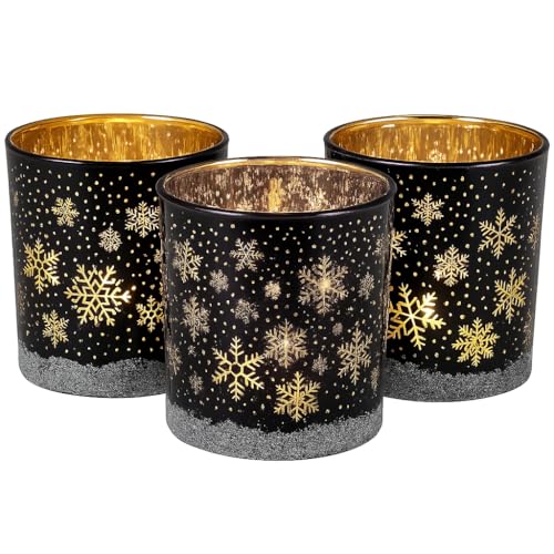 khevga Windlicht Weihnachten Winter aus Glas im Set Schwarz Weiß Gold Silber (Blau_Schwarz_Schneeflocke, 3er Set) von khevga