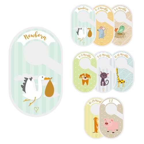 kidoo - Größentrenner für Babykleidung - 8 Stück - Unisex Organizer für Kleiderschrank 0-24 Monate - Doppelseitiger Stabiler Karton mit Mustern - Passt auf Jeden Kleiderbügel (16,7x10 cm) von kidoo