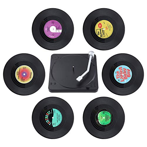 Coolty 6 Stück Retro Vinyl Schallplatten Untersetzer, rutschfeste Tasse Matte, Isolierte Kaffee Getränke Untersetzer mit Halter für Tassen Tisch Bar Glas Gläser mit Halter von kidsnado