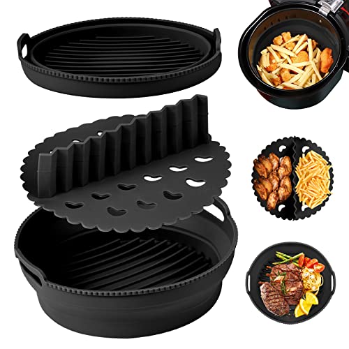 Fritteuse Futter Silikonform für Heißluftfritteuse, 22cm Faltbarer Air Fryer Silicone Pot Heißluftfritteusen Silikontopf mit Trennschale, Airfryer Zubehör Wiederverwendbares, Spülmaschinenfest von kieyeeno