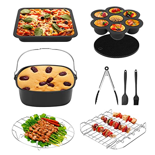 Heißluftfritteuse Zubehör 9Pcs, Airfryer Heißluftfritteuse Zubehör Passt nur für COSORI 5,5L, mit 8-Zoll-Kuchenfass, Pizzapfanne, Spießständer und Silikonmatte von kieyeeno