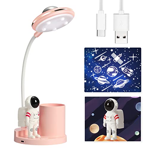 Schreibtischlampe Kinder, 3 in-1 Kinder Schreibtischlampe mit Stifthalter und Sternprojektion, Wiederaufladbare Nachttischlampe, Dimmbare LED Leselampe für Kinder, Einstellbar in Drei Farben von kieyeeno