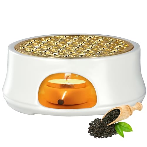 Stövchen Keramik Teewärmer, Keramik Teekanne Teewärmer Kaffeewärmer mit Deckel und Kerzenhaltern, Teekannenwärmer Geeignet zum Warmhalten von Tee und Kaffee (White) von kieyeeno