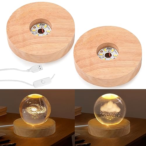 kieyeeno 2 Stück Led Lichtsockel, LED-Lichtbasis aus Holz LED Sockel für Acrylglas Rund Led-Lichter Display-Basis Präsentationsständer mit USB-Kabel für Kristallkugel, Glas, Acryl - Warmes Licht von kieyeeno