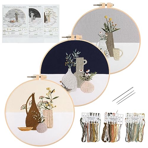 kieyeeno 3 Pack Stickerei Starter Set, Komplettes Sortiment an Kreuzstich Zubehör, Pflanzen, Blumenmuster mit Stickerei, Kleiderrahmen, Fäden, Nadeln für Anfänger, Erwachsene und Kinder (02) von kieyeeno