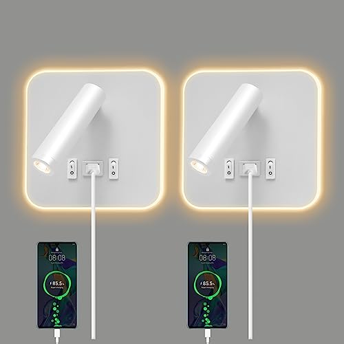 kieyeeno Nachttischlampe, 2PCS 3-in-1 LED-Wandleuchte mit Schalter USB-Ladeanschluss und Leselampe, LED-Wandleuchte Quadratisch für Hotelflur Innenbereich Nachttischlampe (WEISS) von kieyeeno