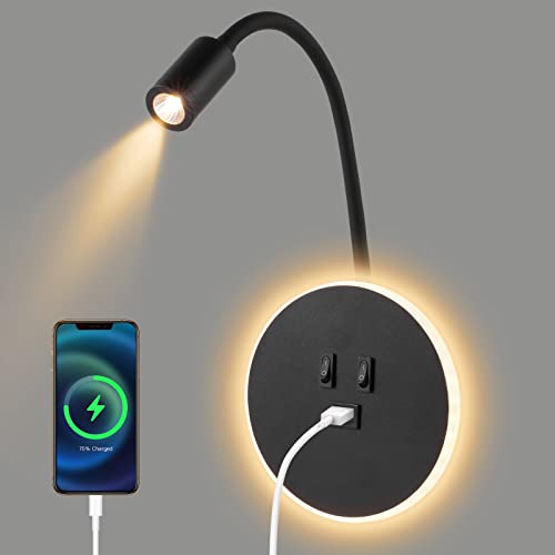 kieyeeno Nachttischlampe, 3000 K Wandleuchte, LED, Leselampe, Schwanenhals, flexibel, mit USB-Ladeanschluss und 2 Schaltern von kieyeeno