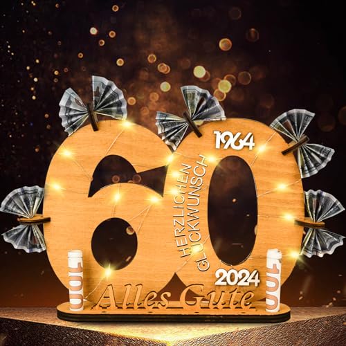 kiimiipa 60 Geburtstag Frau Mann,Geschenk 60 Geburtstag Mann,Geschenke zum 60 Geburtstag Frau,Geldgeschenke Holz-Schild Gästebuch,60 Geburtstag deko,Jubiläum Gedenken Kreatives Geld Geschenk (60) von kiimiipa