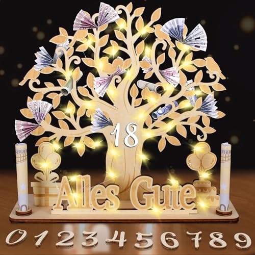 kiimiipa LED Geldgeschenke Geburtstag,Jugendweihe Geschenke Mädchen Junge,Personalisierte Geldgeschenke Geburtstag Lebensbaum Holz,Geldgeschenk Jugendweihe Deko,WunscherfüLler Geldgeschenk (18) von kiimiipa