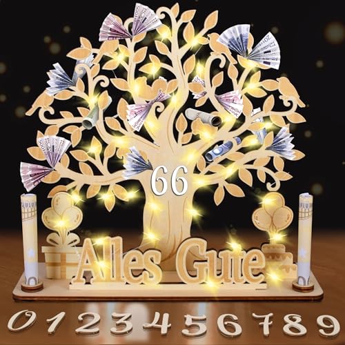 kiimiipa LED 66 Geldgeschenke Geburtstag,66 Geburtstag Mann Frau,Personalisierte Geldgeschenke Geburtstag Lebensbaum Holz,DIY Zahlen Geldgeschenk Deko,66 Zahlen WunscherfüLler Geldgeschenk (66) von kiimiipa