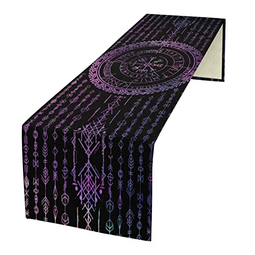 kikomia Baumwolle Leinen Wikinger Tischläufer Rechteckige Wikinger Futhark Runen Tischdecke Kommode Schal für Hochzeiten Party Urlaub Tischdekoration Abdeckung Tischplatte (33×91cm, Purple) von kikomia