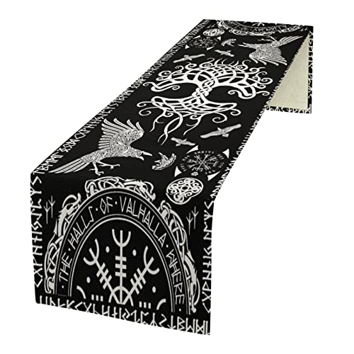kikomia Baumwolle Leinen Tischläufer Rechteckige Wikinger Rabe Baum des Lebens Tischdecke für Hochzeit Urlaub Heimdekoration Wikinger Dekorativ Abdeckung Tischplatte (33×91cm, Black) von kikomia