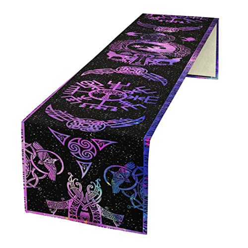 kikomia Baumwolle Leinen Tischläufer Rechteckige Wikinger Wolf Odin Raben Baum Couchtisch Esszimmertisch Schlafzimmer Party Urlaub (33×229cm, Purple) von kikomia