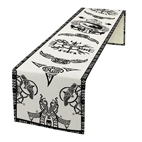 kikomia Baumwolle Leinen Tischläufer Rechteckige Wikinger Wolf Odin Raben Baum Couchtisch Esszimmertisch Schlafzimmer Party Urlaub (33×274cm, White) von kikomia