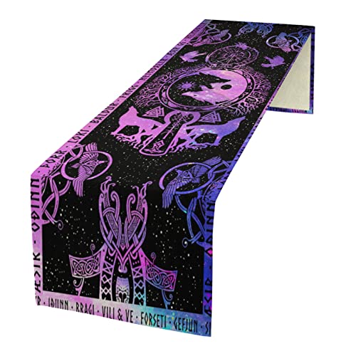 kikomia Baumwolle Leinen Tischläufer Rechteckige Wikinger Wolf Odin Raben Baum Couchtisch Esszimmertisch Schlafzimmer Party Urlaub (33×91cm, Purple) von kikomia