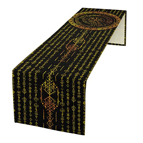 kikomia Baumwolle Leinen Wikinger Tischläufer Rechteckige Wikinger Futhark Runen Tischdecke Kommode Schal für Hochzeiten Party Urlaub Tischdekoration Abdeckung Tischplatte (33×183cm, Golden) von kikomia