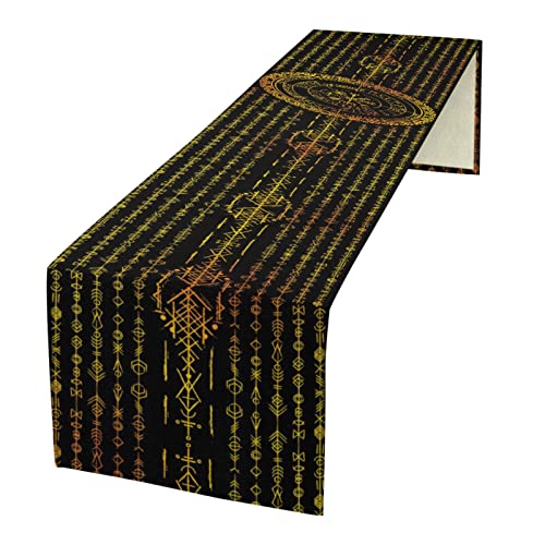 kikomia Baumwolle Leinen Wikinger Tischläufer Rechteckige Wikinger Futhark Runen Tischdecke Kommode Schal für Hochzeiten Party Urlaub Tischdekoration Abdeckung Tischplatte (33×274cm, Golden) von kikomia