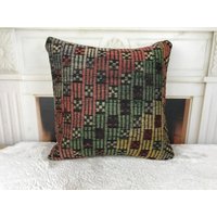 Boho Kissenbezug, Kelim 18x18 Zoll Kissen, Handgemachtes Ethno Boho Besticktes Vintage Bodenkissen, 4749 von kilimpillowkingdom