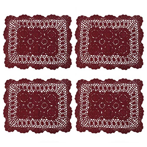 kilofly Tischsets / Platzdeckchen, handgefertigt, gehäkelt, Baumwolle, Spitze, Rot, 4 Stück von kilofly