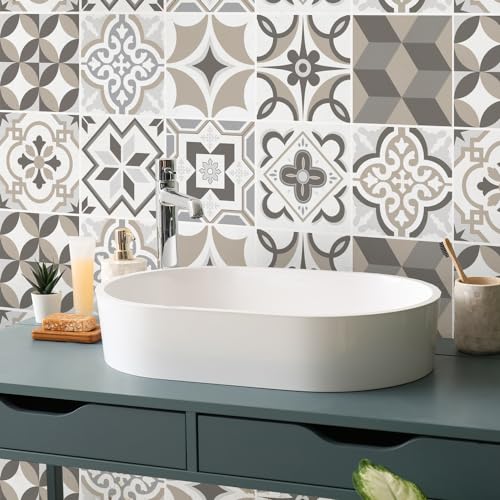 RE-COVERTILES - Fliesenaufkleber Badezimmer und Küche 24 Stck 10x10 cm - PS00089 PVC-Wanddekoration Wasserdicht Fliesen Mosaik Stil Azulejos-Zementfliesen von RE-COVERTILES