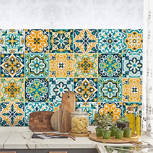 RE-COVERTILES - Fliesenaufkleber Badezimmer und Küche 24 Stck 10x10 cm - PS00176 PVC-Wanddekoration Wasserdicht Fliesen Mosaik Stil Azulejos-Zementfliesen von RE-COVERTILES