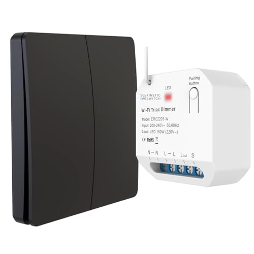 kinetic-switch Funklichtschalter Set dimmbar mit batterielosem Funkschalter (IP67) und smartem Kompakt-Empfänger auch über tuya App sowie Amazon Alexa und Google Home steuerbar (Schwarz) von kinetic-switch