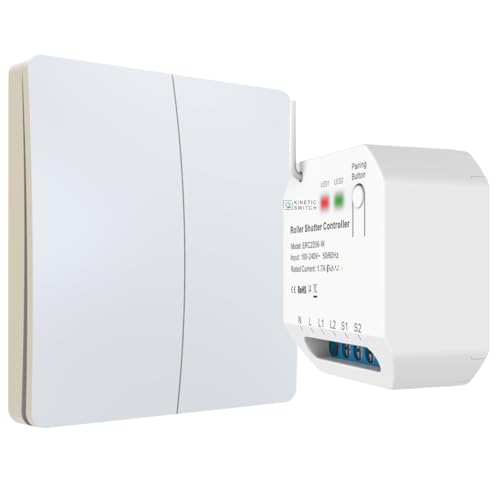 kinetic-switch Funkschalter Rollladen Set mit batterielosem 2-fach Funkschalter (IP67) und smartem Rollladen Empfänger auch über tuya App sowie Amazon Alexa und Google Home steuerbar (Weiß) von kinetic-switch