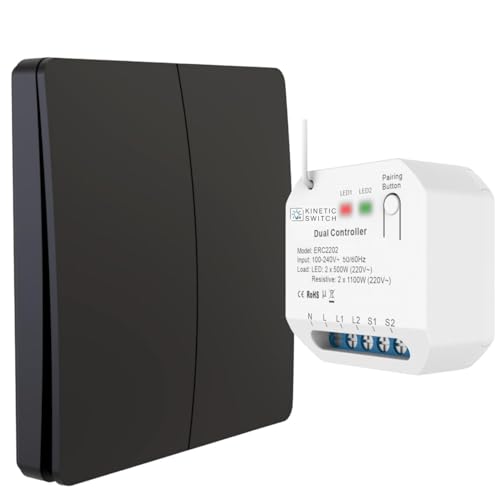 kinetic-switch Funkschalter Set 2-Kanal mit batterielosem 2-fach Funkschalter (IP67) und smartem 2- Kanal Kompakt-Empfänger auch über tuya App sowie Amazon Alexa und Google Home steuerbar (schwarz) von kinetic-switch