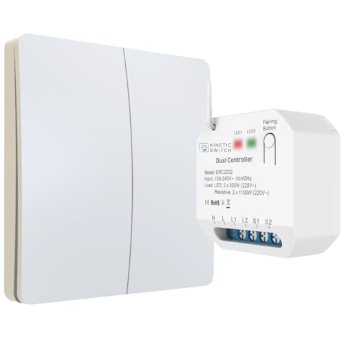 kinetic-switch Funkschalter Set 2-Kanal mit batterielosem 2-fach Funkschalter (IP67) und smartem 2- Kanal Kompakt-Empfänger auch über tuya App sowie Amazon Alexa und Google Home steuerbar (weiß) von kinetic-switch